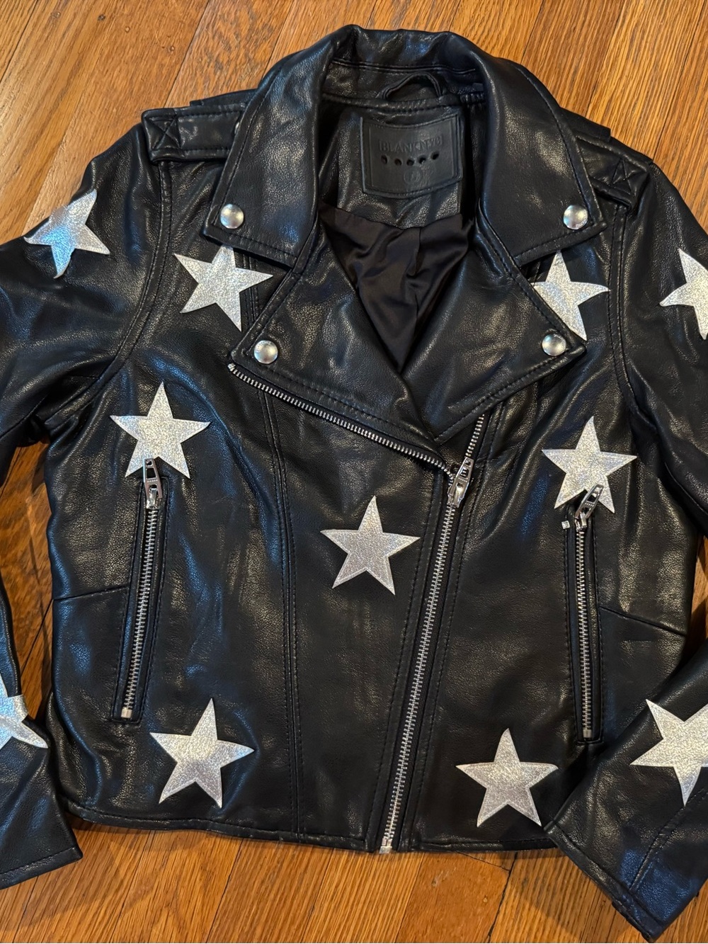Blank NYC - Girls Black Faux Leather Moto Jacket with Silver Star Accents